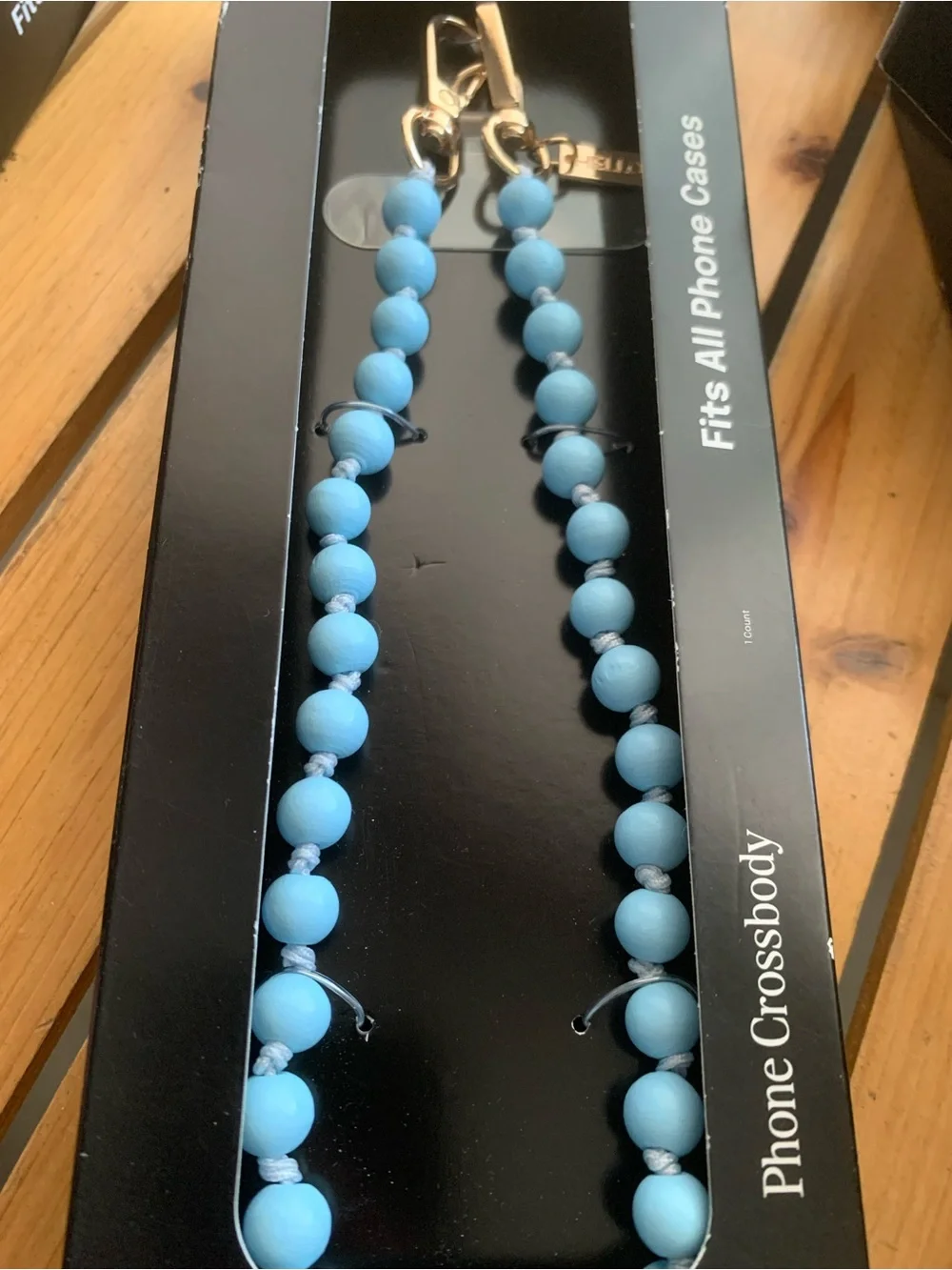 NIB Blue Beaded Crossbody phone Strap with Gold Hardware